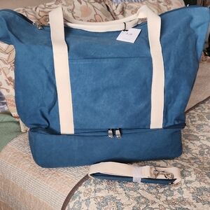 L&S Blue Canvas carry-on Tote Bag with White Straps